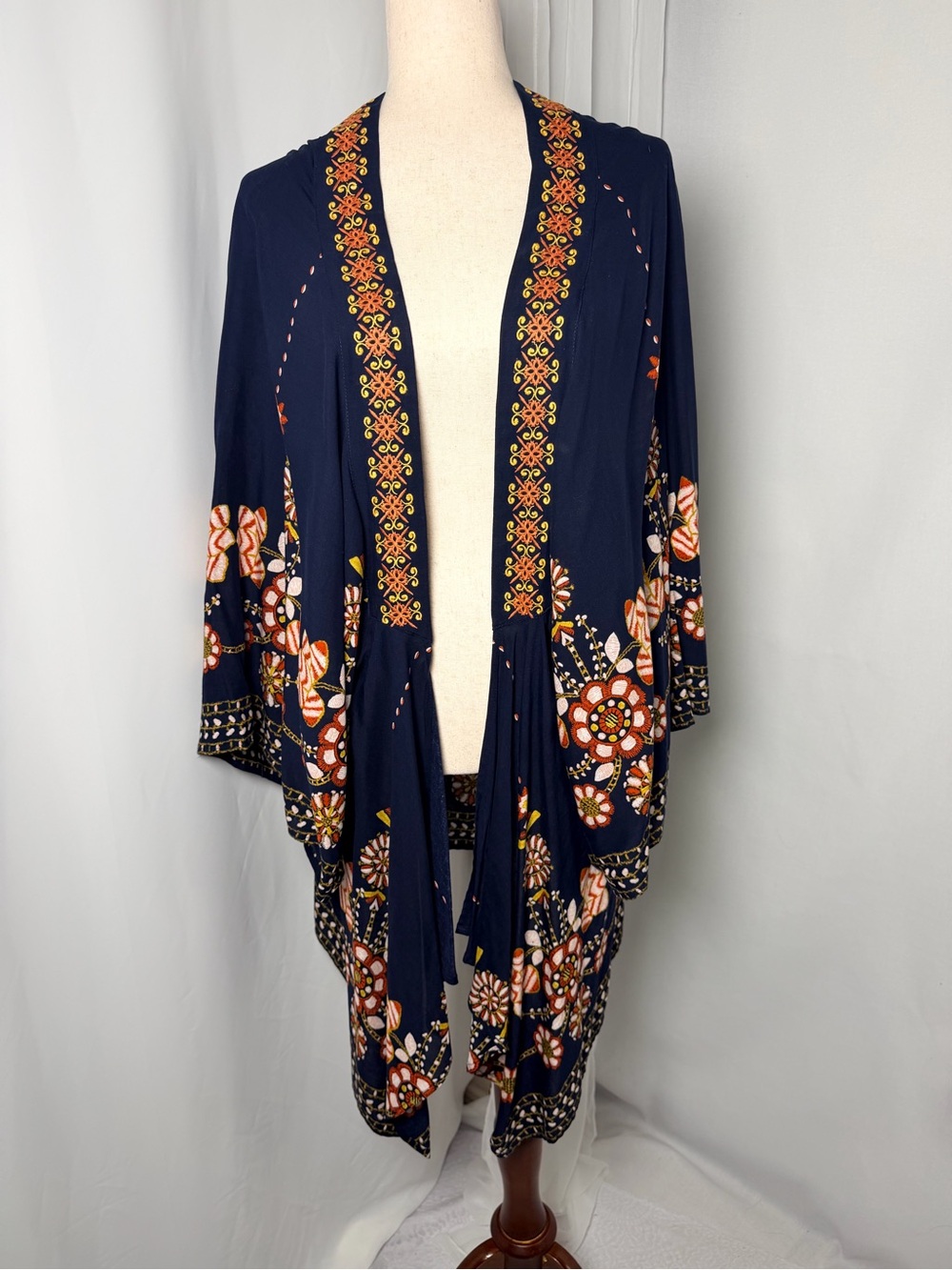 Umgee USA Boho Navy Floral Border Print Open Front Draped Kimono Cardigan M/L